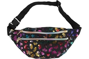 VXIWSCY Modna torba na pasek dla dziewcząt i kobiet, dziecięca torba na brzuch, błyszcząca z nadrukiem motyla, wodoszczelna skóra PU, wszechstronna, przenośna, czarna – idealna na festiwale i na co dzień