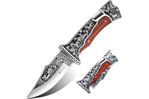 Poktlife Navaja Plegable,Navaja de Acero Inoxidable de Bolsillo con tallados patrón Retro Mango de Metal y Madera,Supervivencia Navaja para Acampar,Picnic,Caza (Madera Roja)