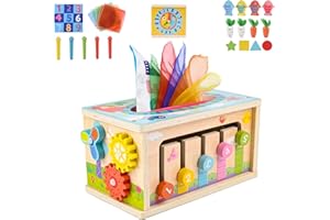 ZWOOS Giochi Montessori 6 Mesi, Montessori 6 in 1 Cubo Multiattività Educativo, Giochi Bambini 1-3 Anni con Scatola di Fazzoletti, Pesca, Interattivi Sensoriali - Regalo per Bimbo Bimba