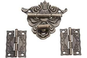 YETAHA 2PCS Antique Folding Hinges with Screws Hinge & 1 PCs Retro Style Padlock Lock Key Latch Clasp Set Box Lock with 12 Screws