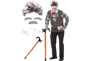BIQIQI Grand-Père Perruque Kit de Deguisement Grand Pere avec Perruque Sourcils Moustache Lunettes Canne Gonflable, pour Carnaval Halloween, Professeur Fou, Vieil Homme, Grand-père Deguisement