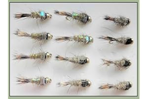 TROUTFLIES GOLDHEAD NYMPHS Gold Head Hares Ear Trout Flies, 12 Pack Goldhead Flash and Standard, Size 10/12