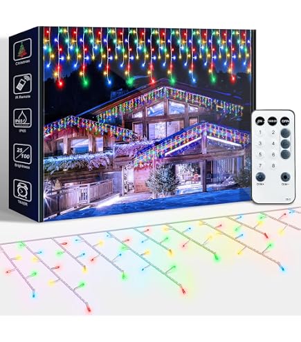 Gartenpirat Eisregen Lichterkette Bunt – 6 M, 450 LED, Silberner Draht, IP44 Für Innen & Außen (mit Timer)