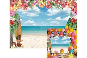 XCKALI Hawaiian Beach Backdrop Aloha Tropical Flower Background Palm Leaves Blue Sky Cloud Surfboard Dekoration Birthday Party Baby Shower Cake Table Photo Shoot Requisiten(2,1 x 1,5 m)