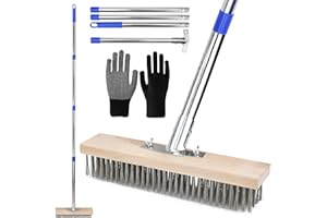 EUIEUT Balai de Jardin en Fil Métallique de 30 cm avec Manche de 170 cm, Balai à Poils Métalliques Rigides, Brosse de Sol Extérieure pour la Mousse, Les Mauvaises Herbes et Les Taches Tenaces