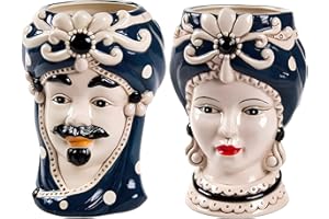 MORGAN Teste di Moro Coppia Re e Regina Caltagirone, Stile Ceramiche Siciliane, Vaso Testa di Moro in Ceramica 12x18 cm