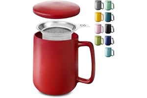 Cosumy Tazza di Ceramica con Filtro e Coperchio - 500ml Grande - Con Manico - Lavabile in Lavastoviglie - Per Tè e Infusi (Rosso)