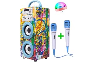 Karaoke Portátil DYNASONIC (025-22 luz) Maquina de Karaoke con 2 Micrófonos, Altavoz Bluetooth, Luz USB incluida, Lector USB y SD, diseño Exclusivo, Regalo Original