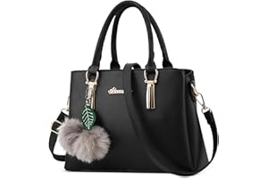 DEEVORCA Women Top-Handle Bags – Waterproof PU Leather Tote and Crossbody Bag with Removable Shoulder Strap, Fluffy Pompom Charm, Perfect for Work, Shopping, Holidays and Daily Use (Classic Black)