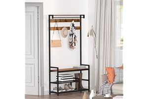 Mr IRONSTONE Coat Rack Stand with Shoe Storage for Hallway Heavy Duty Hall Tree with Bench Free Standing Wooden Shoe and Coat Rack with Shelf and Hooks