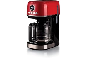Ariete, Moderna 1396 Cafetière Filtre, Préparez Jusqu'à 15 Tasses de Café Américain, Carafe en Verre Trempé, Base Chauffante, Écran LCD, Filtres Amovibles et Lavables, Rouge