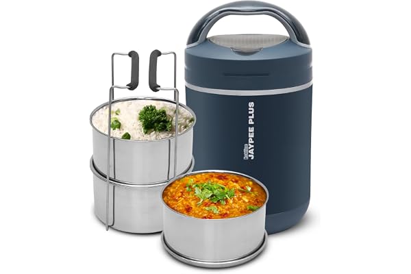 Jaypee Plus Hottline 3-320X3 ml Stainless Steel Electric Lunch Box for Men & Women Shockproof Design BPA Free Reheat Food in 30 Minutes Convenience case for Power Cord Inbuilt Thermostat,Dark Blue