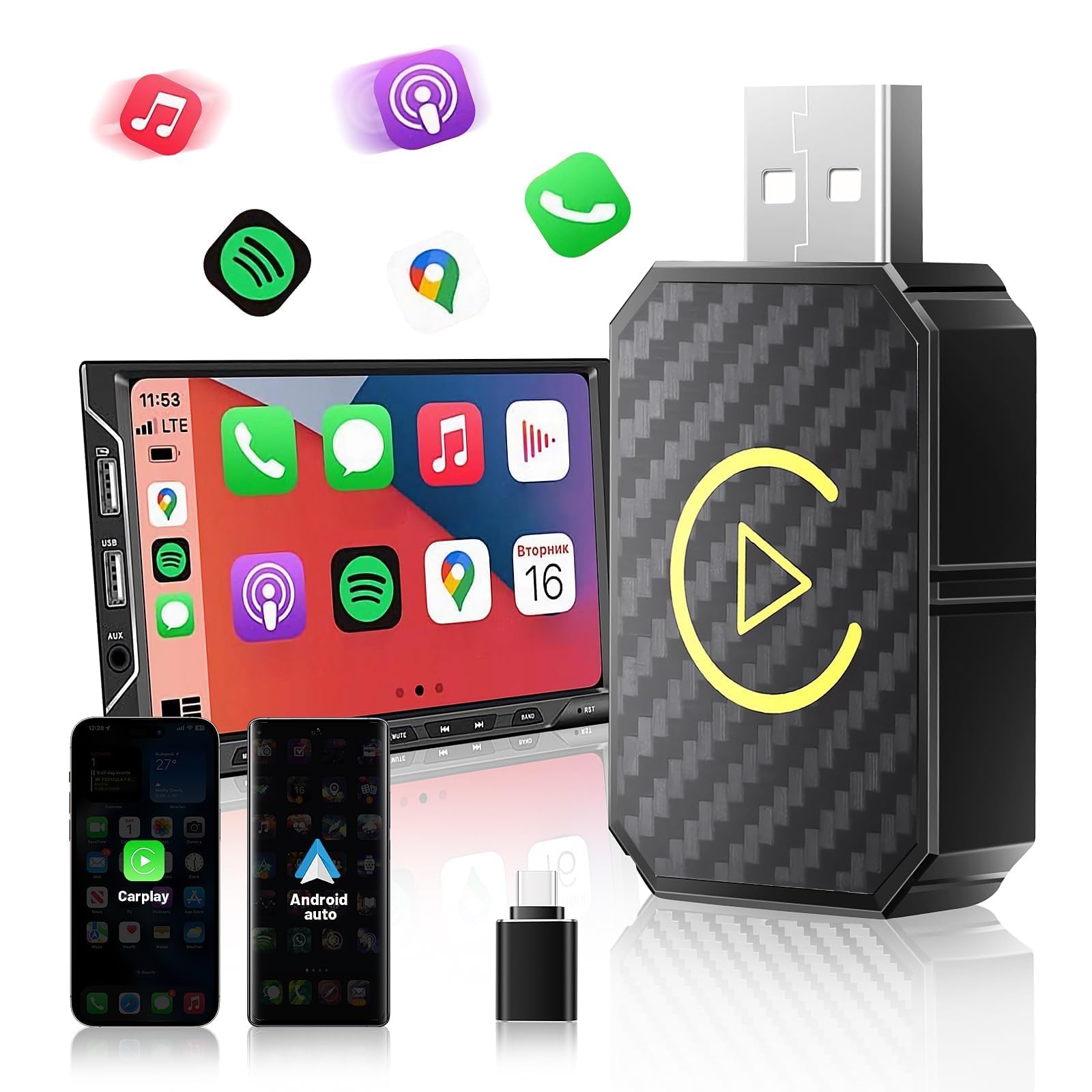 Xfopz Wireless for Car Play Adapter 2024 and Android Auto Wireless Adapter, Converts Wired to Wireless, Car Play USB for iOS 10+/Android 11+