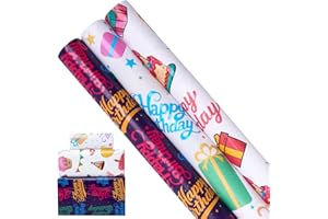 ZHNERY 3 rollos de papel de regalo de cumpleaños reciclable para cumpleaños, fiestas, baby shower, festival, 43 cm x 3 m