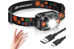 Rolgno Stirnlampe LED Wiederaufladbar, [Ultrahell] Kopflampe mit Sensor & Rotlicht, 6 Lichtmodi & IPX4 Wasserdicht Stirnlampen, 2000mAh Akku, Lange Laufzeit, für Camping, Angeln, Wandern, Nachtlauf