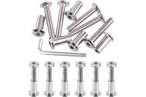 Swpeet Juego de 12 tornillos de unión de plata chapados en níquel M6 x 35 mm, tornillos de cabeza hexagonal, tuercas de barril con 1 llave Allen, poste de tornillo para muebles