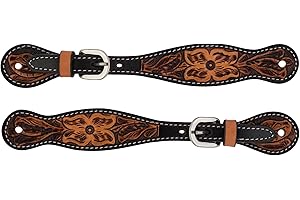 Turquoise Cross Weaver Equine Ladies Floral Tooled Womens Spur Straps, Genuine Cowhide Boot Straps for Cowboy Boots, Western Spur Straps for Horse Riding, Light Oil