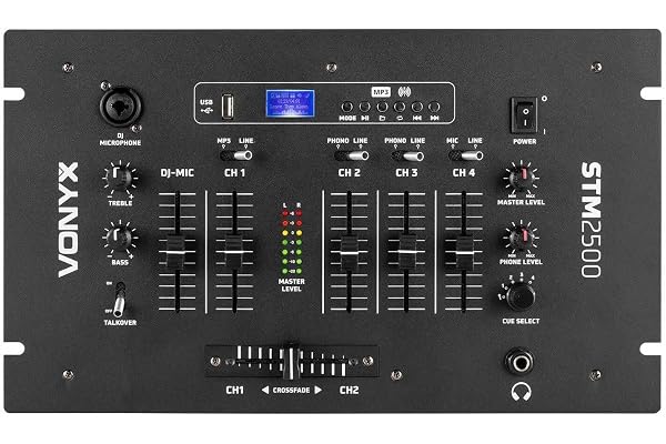 Vonyx STM2500 Table de Mixage 5 Canaux - Technologie Bluetooth sans Fil, Port USB, 4 Entrées Ligne, 2 Entrées Phono, 2 Entrées Micro, 2 Sorties RCA, Sortie Casque, Idéal pour DJ Mobile