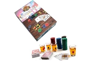 FRAMAN Set de Poker Casino con chupitos. Juega con chupitos al póker. Contiene 120 fichas, 4 Vasos de chupito y 2 Barajas de Cartas