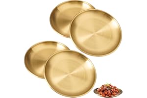 LUMINARYLAIR 4 Piezas Acero Inoxidable Dorado Bandeja Redonda Oro, 14cm Bandeja Dorada de Acero Inoxidable Redonda, Platos de Metal para Ensalada de Carne, para Reuniones Familiares, Decoración del Hogar, Cocina