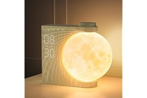 RETEYUNG Rotating Moon Lamp with Wake up Light, Sunrise Alarm Clock, Dual Alarms, 8 Atmosphere Colours, Natural Sound, 3 Levels of Brightness Bedside Lamp