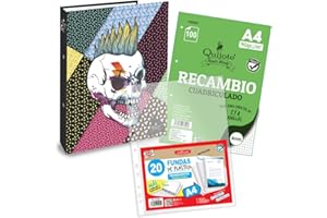 CARPETA ARCHIVADOR 4 ANILLAS QUIJOTE PAPER WORLD - Organizadores, para A4, con diseños, para uso escolar o de oficina - Diseño 1 + 100 Recambios + 20 Fundas
