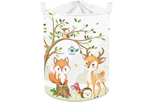 Clastyle 45L Grand Corbeilles à Linge Animal de la Forêt Blanc pour Garçon Fille avec Poignée Paniers à Linge Sale Repliable Vêtements Jouets avec Couvercle pour Salle de Bain Chambre à Coucher