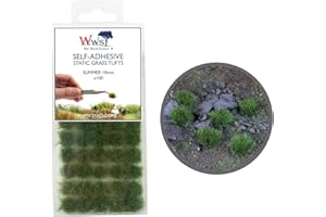 WWS WAR WORLD SCENICS War World Scenics 100 x Ciuffi di Erba Statica Autoadesivi - Estate, 10mm - Modellismo Statico Ferroviario Wargame Erbetta Sintetica Diorama Spedizione Tracciata