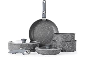 Florosa ensemble de casseroles poêles 9 pièces antiadhésive avec poignée amovible, ensemble de cuisinière en céramique avec couvercle, non toxique four sûr, idéal pour l'induction et le camping, Gris