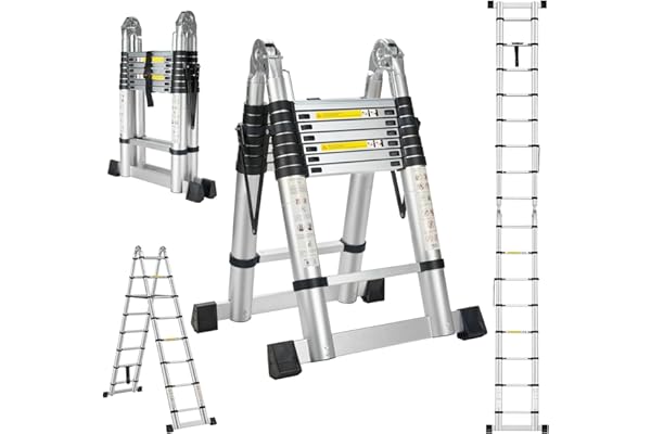 STANEW Échelle télescopique de 5m(2.5+2.5), Echelle Pliante 2 en 1, Escabeau Télescopique en Aluminium, Échelle Pliable avec Travail à l'intérieur et à l'extérieur, Charge 150 kg, Argenté