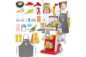 deAO Carrello Pulizie Bambini, Set Pulizia Giocattolo con Aspirapolvere Funzionante Mop, Scopa e Accessori Gioco Educativo per Bambini 3-8 Anni | Rosso