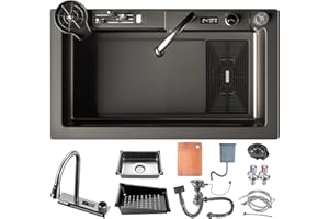 DSMRLEOP Fregadero de cocina grande individual de acero inoxidable 304, juego de cascada, fregadero de granja, fregadero individual para estación de trabajo con indicador digital, juego de 13 piezas