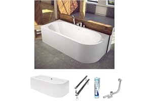 ECOLAM Badewanne Avita 160x75 cm Schürze | Wanne für Zwei Personen | Eckwanne Modern Design | Eckbadewanne links + Ablaufgarnitur Ab- und Überlauf Automatik Füße + Silikon Komplett-Set Acryl weiß
