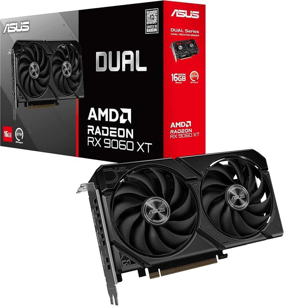 ASUS DUAL Radeon RX 9060 XT 16GB GDDR6 Gaming Ekran Kartı | PCIe 5.0, HDMI 2.1b, DisplayPort 2.1a, 2.5-yuva Tasarım, Eksen teknolojili Fanlar, 0dB Teknolojisi