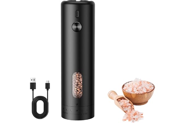 MERTTURM Elektrisk Pepparkvarn Uppladdningsbar USB-C, Automatisk pepparkvarn med 110 ml Behållare [Vit LED-ljus], Extern Justerbar Grovhet, Enhandsmanövrering, för Kök, Middag, Presenter-1PACK