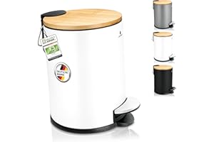 Exitoso Piccola pattumiera da bagno bianca – Cestino cosmetici 3L bambù antiscivolo – Pattumiera a pedale da bagno acciaio inox con coperchio Softclose – Pattumiera da bagno cestino cosmetici bianco