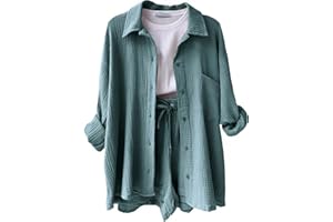 DHYUEN Musselin Bluse Damen Hemd Und Shorts Zweiteiler Einfrabige Sommer Lounge Set Strand Outfit Suit Elegant Aesthetic 2 Teiler Clothes Kleidung Kurz Hosenanzug Casual Two Piece Sommerbluse