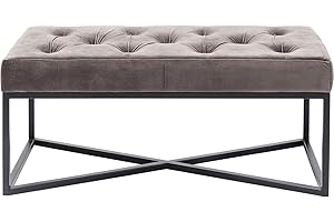 Kare Design Bank Crossover Grau/Schwarz, zierliche Bank mit Kreuzgestell, graue Sitzfläche mit Knöpfen, Samtoptik, Sitzbank Flur, Sitzbank für Garderobe, (H/B/T) 40x90x40cm