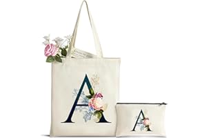 HAMATATA Cadeau Femme Sac Fourre-Tout avec Initiale Fleur, Personnalisés Sac en Toile en Coton Trousse de Maquillage, Cadeaux de Mariée, Cadeau Parfait pour Amie, Mères pour Anniversaire Mariage Voyage Noël A