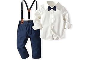 Volunboy Bebé Niño Caballero Conjunto, Cuadros Camisa con Pajarita + Tirantes Pantalones 4 Piezas Traje Ropa