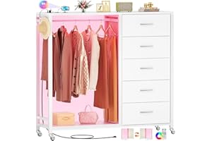 ‎ISUNIRM iSunirm Kommode mit Kleiderstange, 5-Schubladen Kommode mit Ladestation & LED Beleuchtung, Schlafzimmer Schubladenschrank mit Rollen & Holzplatte, abschließbare Räder, Weiß