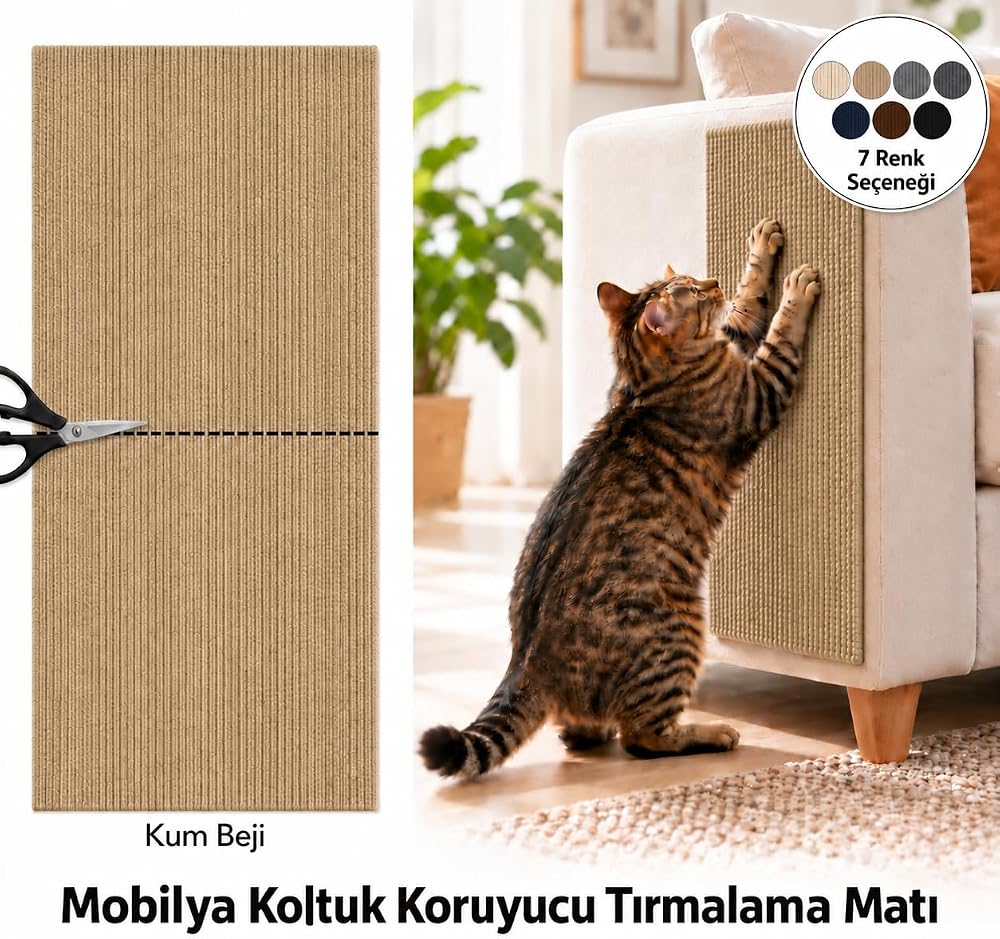 getmeev Yapışkanlı Kedi Tırmalama Halısı 100x30 cm, Mobilya Koruyucu Tırmalama Pedi, Koltuk ve Mobilya Yüzeyleri İçin Kolay Montajlı Kedi Tırmalama Matı (Kum Beji)