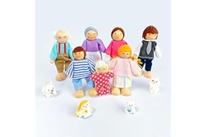 Lonsien Personnage Maison de Poupee Set 11 Pièces Accessoires Maison de Poupee Famille de Poupées en Bois avec Chat et Chien pour Accessoires de Jeu de Rôle et Cadeau