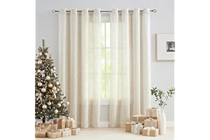 Treatmentex Cortinas Dormitorio y Salon, Visillos Salon Translúcidos 2 Piezas 136x245cm, Textura de Lino Beige Transparente con Ojales para Oficina, Habitación, Comedor
