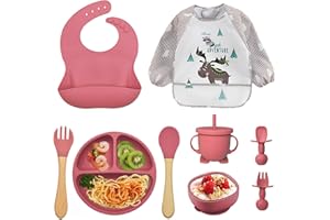 OSKUGLIN Silikon Baby Geschirrset, Rutschfest Kindergeschirr Set mit Saugnapf, 9-teiliges Set für Babys, Kinder, Besteck-Set, für Entwöhnung, Essen, Lernen, Silikongeschirr, Baby-Mahlzeiten, Geschenk für Babys