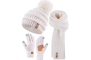 SENPUKI Hat Scarf and Gloves Set Ladies, Cute Pom Pom Winter Beanie Hat for Women with Warm Fleece Lined, Long Knit Bobble Hat Touchscreen Gloves Women Scarf Neck Warmer 3 in 1 Cold Weather Gift Set