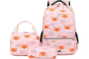 Vanwilit Fox Backpack Girls School Bags Waterproof Lightweight 3 PCS Primary School Bag Set with Lunch Bag & Pencil Case Kids Bookbag Rucksack Casual Daypack (Pink Fox)