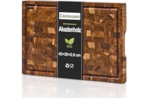 Caossuixin Large Schneidebrett Holz mit Saftrutsche(42x30x2.5cm), Schneidebretter Holz Aus Massiver Akazie, Holzschneidebrett für Küchenplatten, Schneidebrett Gross mit Rutschfeste Füße