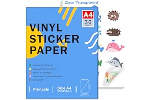 RUIBYTREE Papier autocollant en vinyle transparent imprimable pour imprimante à jet d'encre - Format A4 (297 x 210 mm), imperméable et auto-adhésif compatible avec Cricut, couleurs vives (30 feuilles)