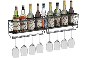 AcornFort® W-622 Metal Black Wall Hanging Mounted Wine Champagne Glass Goblets Stemware Rack Holder, 80 x 10 cm Hold Up to 9 Bottles Wine and 9 Cups Glasses